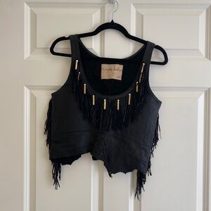 Festival-wear, vintage black leather, fringed tank top. Size M.